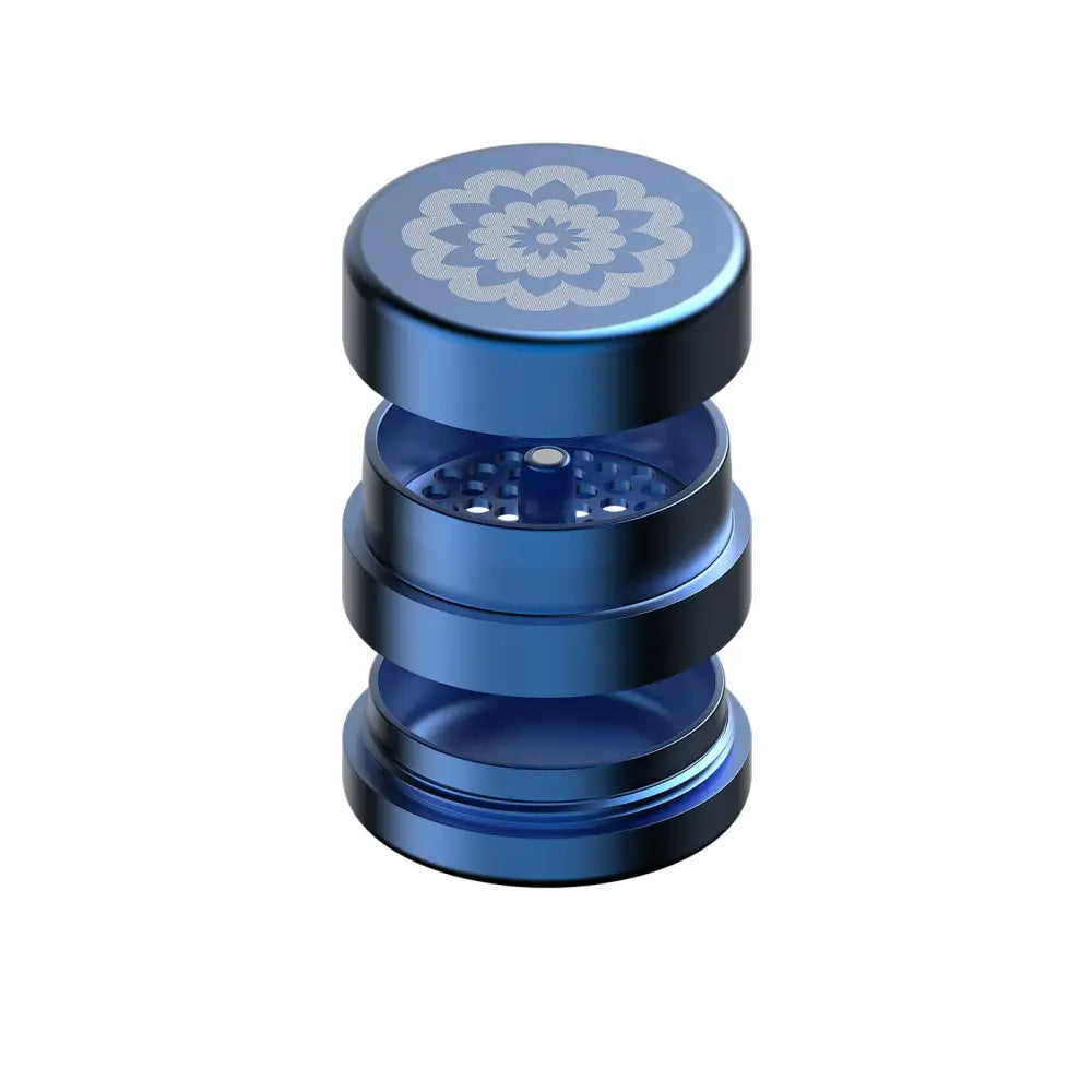Blue metal herb grinder from Flower Mill’s Generation Standard with glass hand pipe design