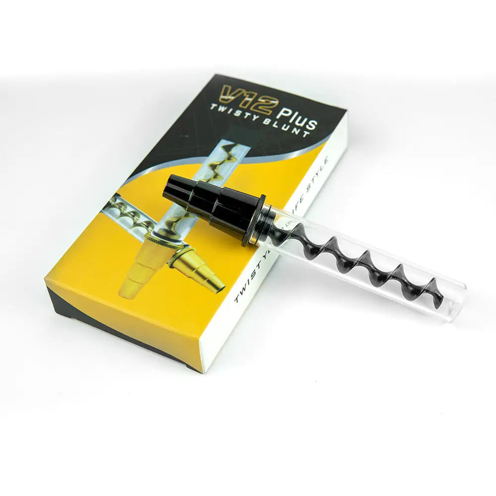 Glass blunt V12 Plus with water pipe adapter, black clear spiral twisty design