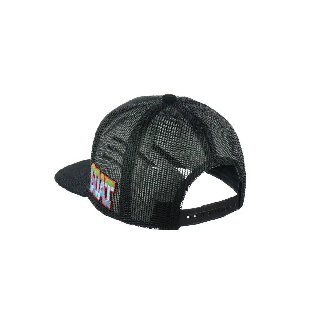 Black mesh baseball cap with goat embroidered snapback design and corduroy accents
