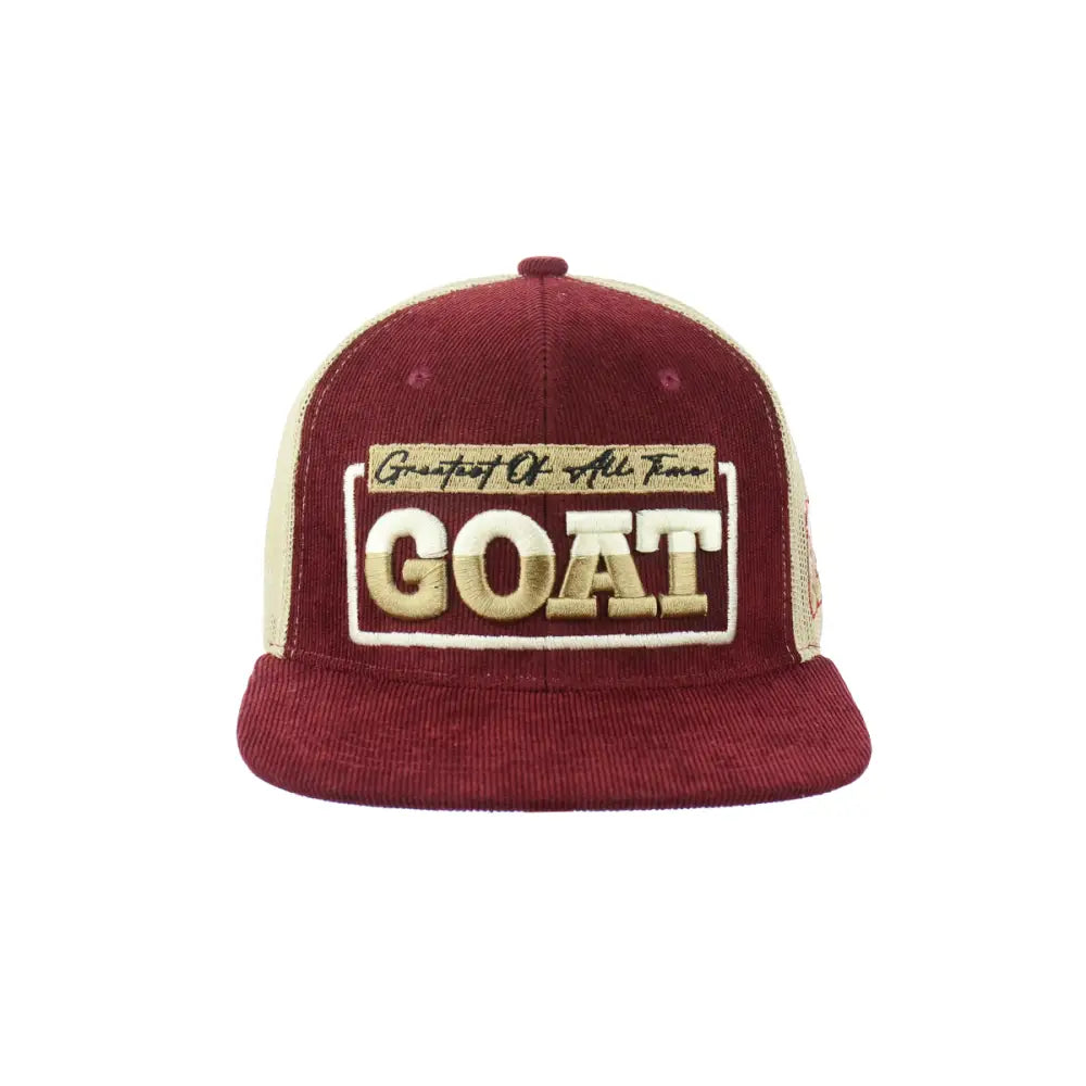 Maroon and tan GOAT embroidered snapback hat with corduroy and mesh design