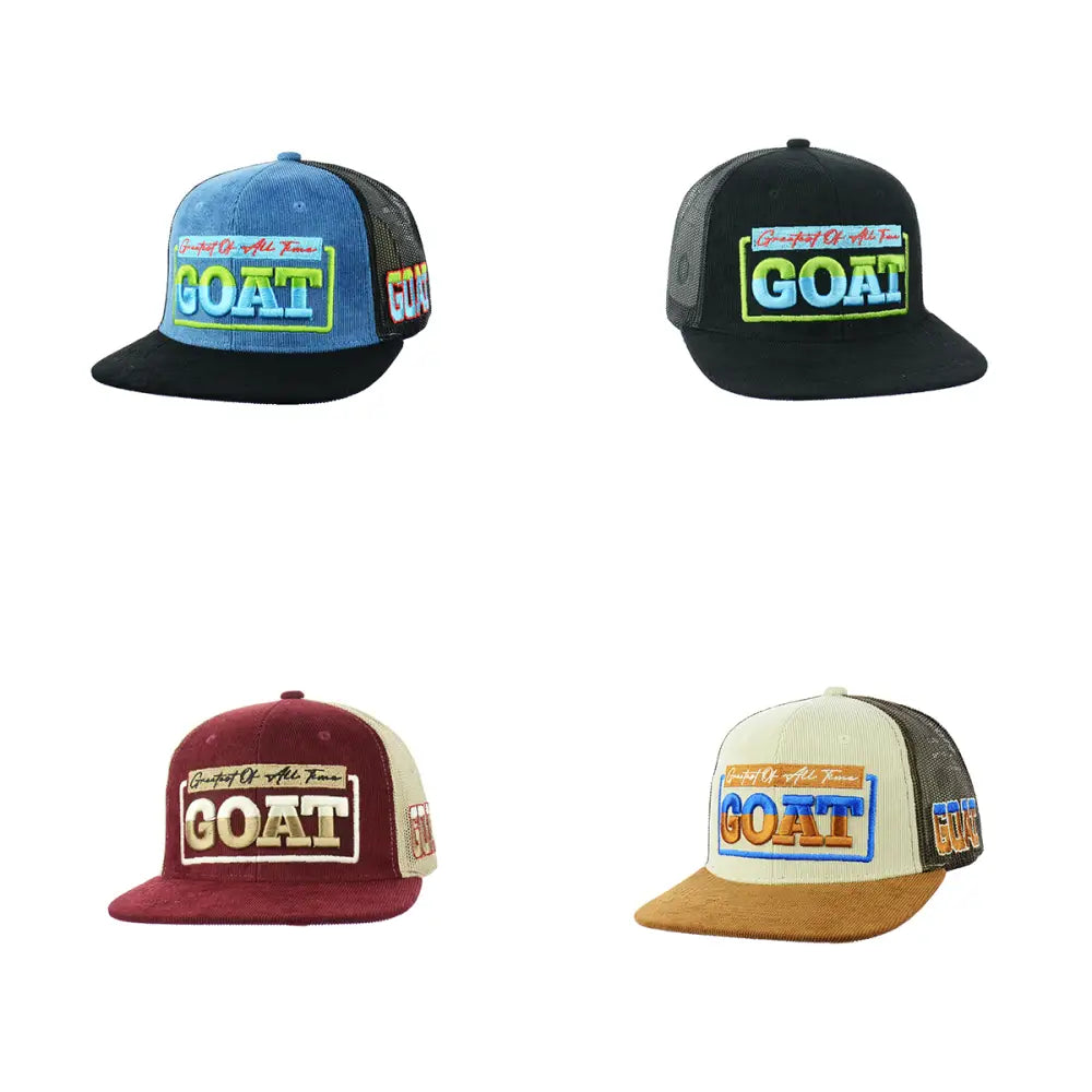 Four goat embroidered snapback hats featuring corduroy and mesh design