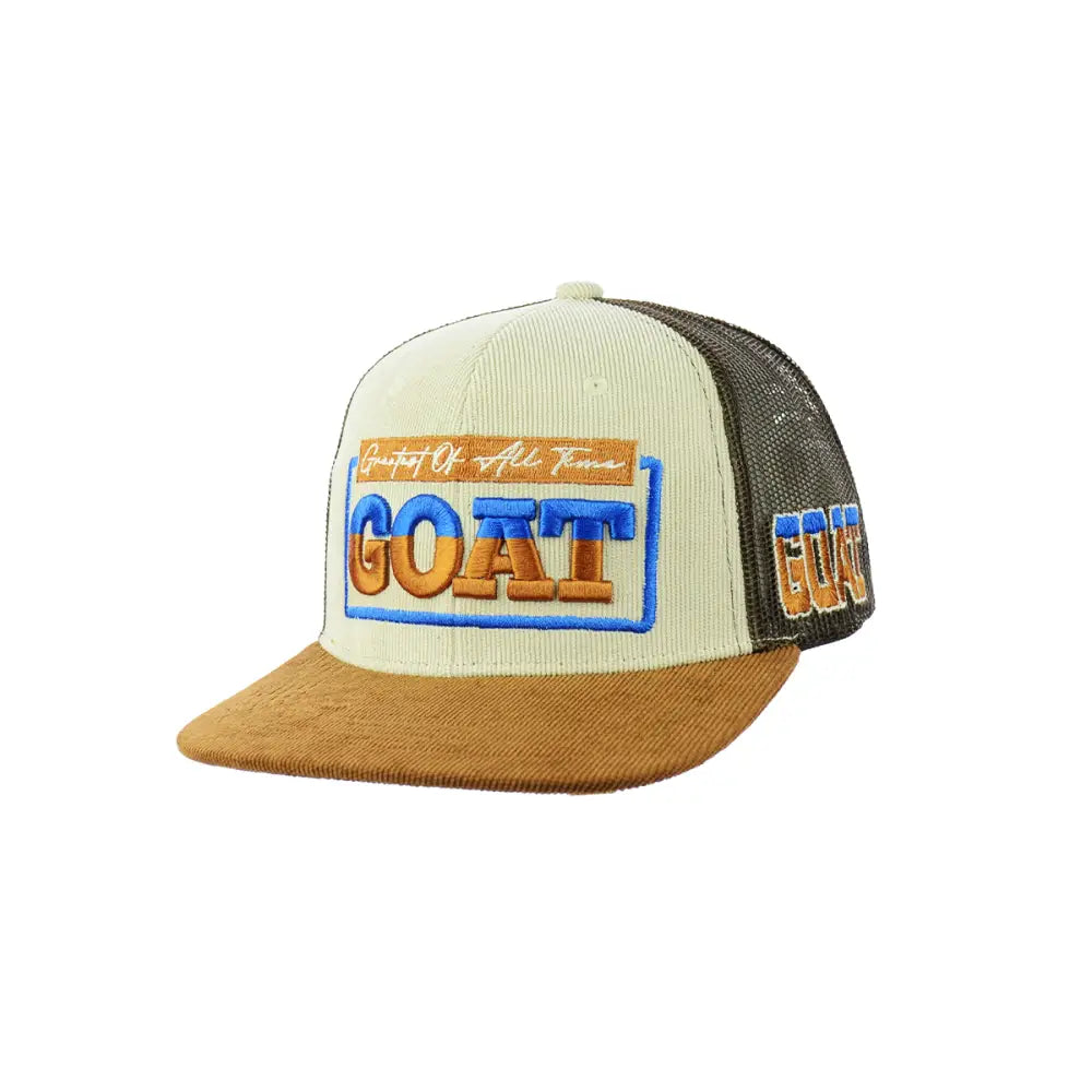 Corduroy baseball cap featuring goat embroidered snapback and mesh design