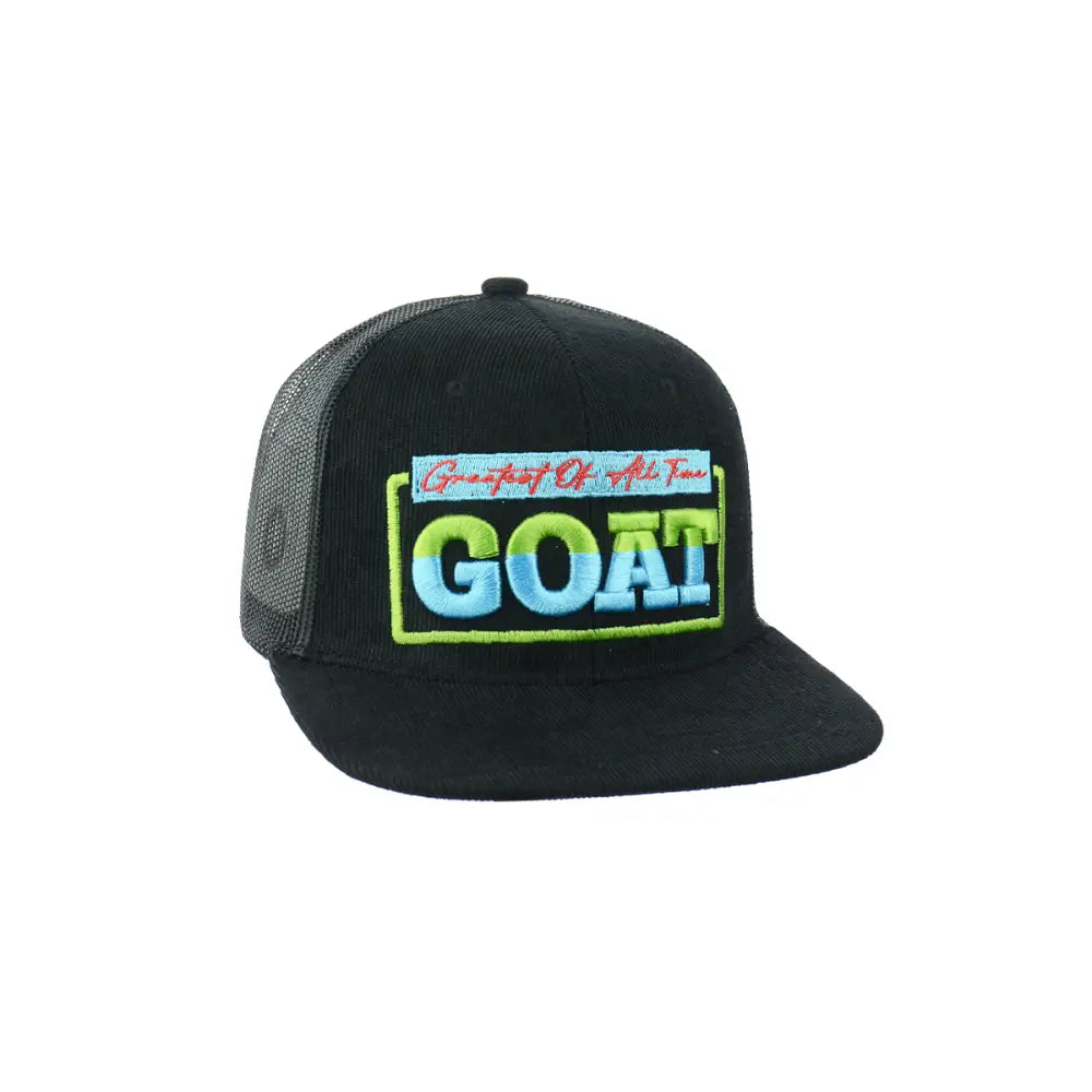 Black trucker hat with goat embroidered snapback and mesh design for stylish wear