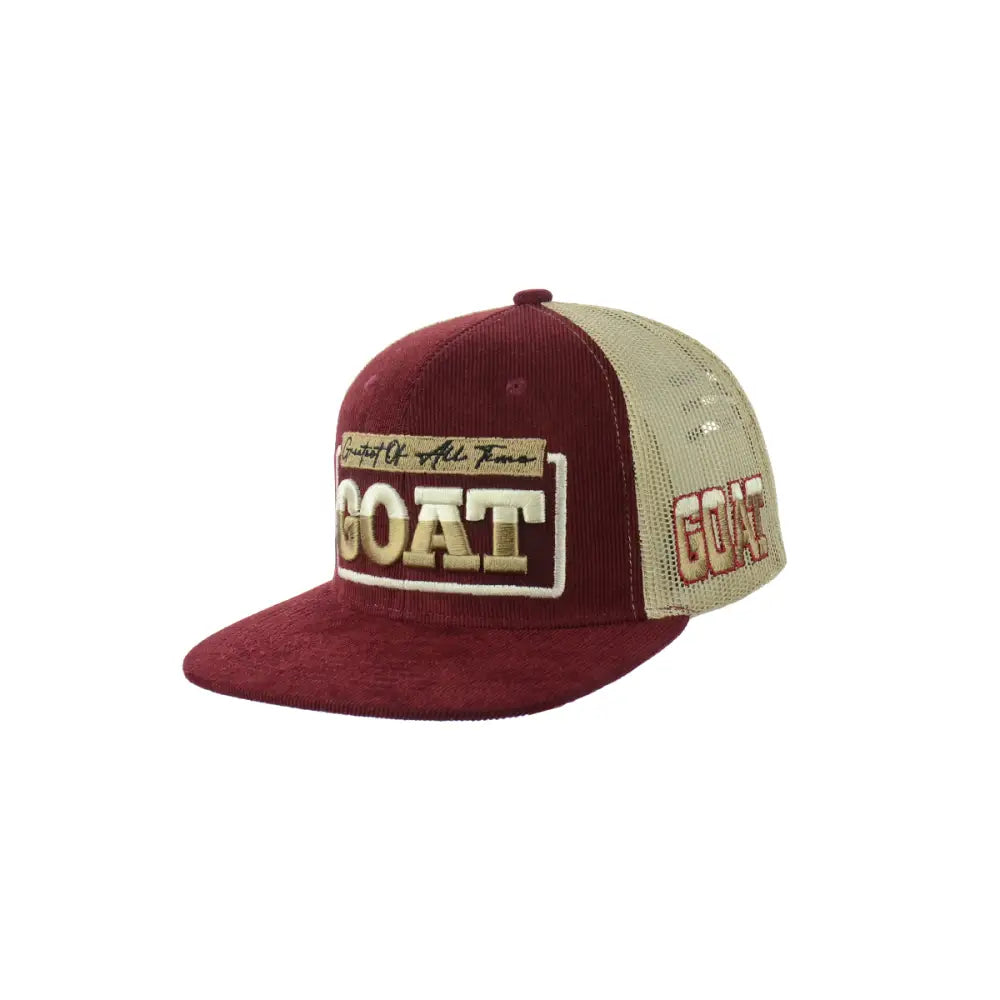 Maroon and tan GOAT embroidered snapback hat with corduroy and mesh design