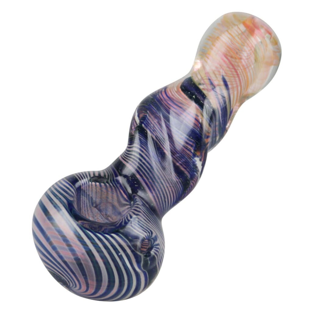 Golden Fumed Glass Pipe With Recessed Bowl Featuring Swirling Purple, Blue, And Pink Patterns