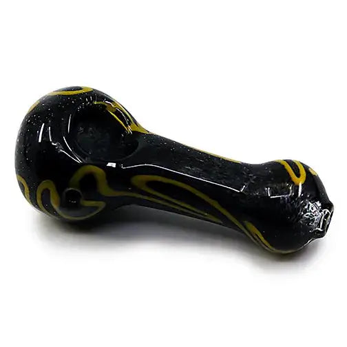 Golden swirl glass hand pipe with black glossy finish and yellow swirls