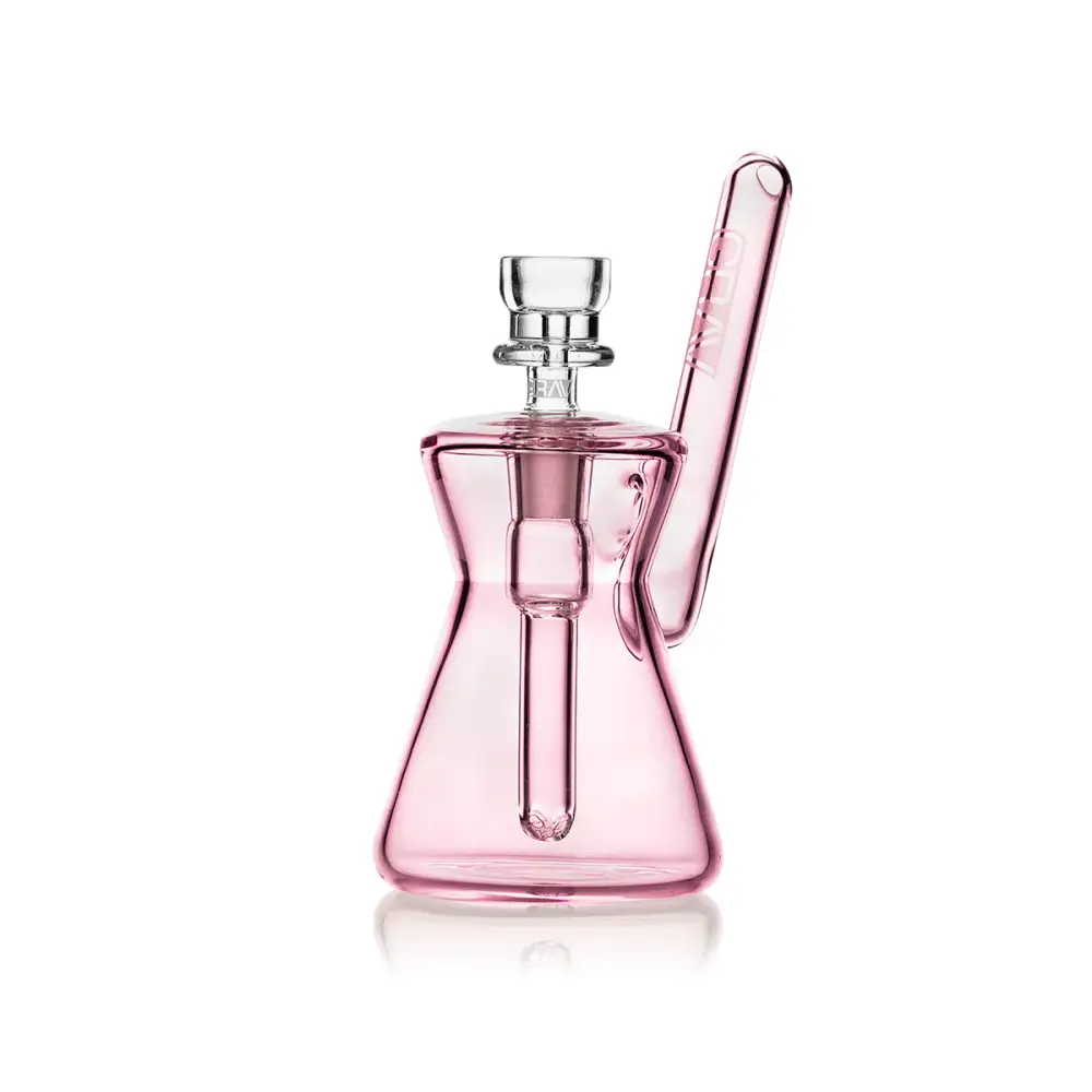 Pink glass water pipe featuring the Hourglass Pocket Bubbler for a compact water pipe experience