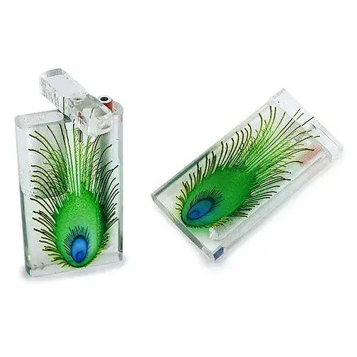 Handmade acrylic peacock dugout with green feather lighter