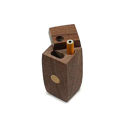 Handmade wooden dots dugout with dark brown holder and orange-tipped cigarette