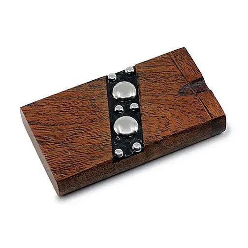 Handmade wooden large stud dugout with brown card holder, black leather and silver studs