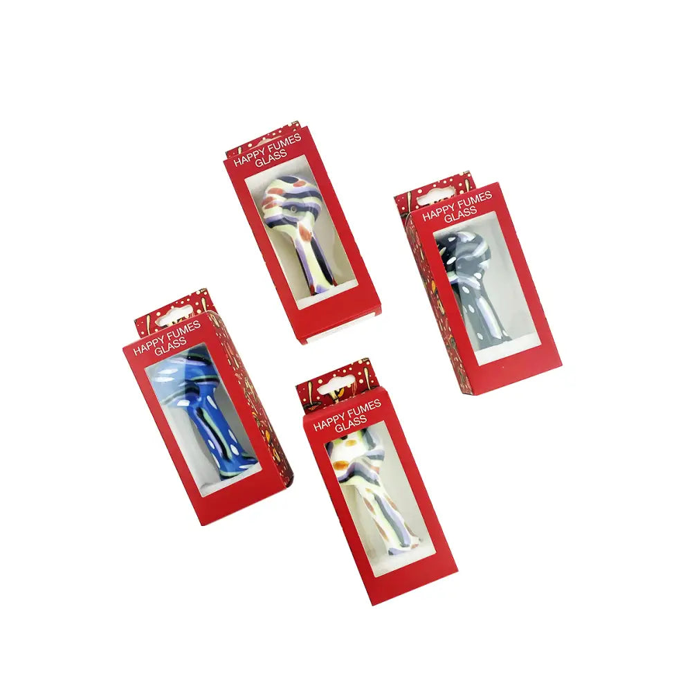 Four boxed multicolor slime hand pipes from Happy Fumes Glass for a vibrant smoking experience