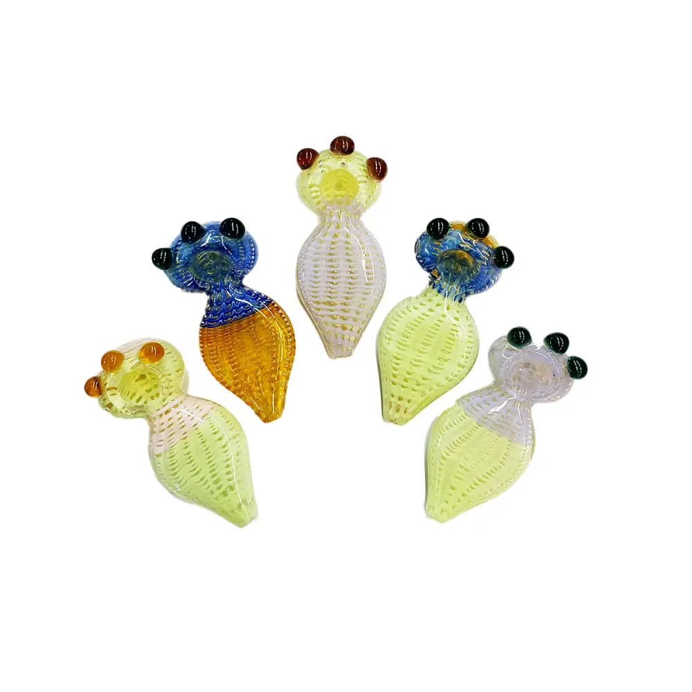 Glass frog beads with bulging eyes in various colors on Slime Color Hand Pipe with Bubble Trap Design