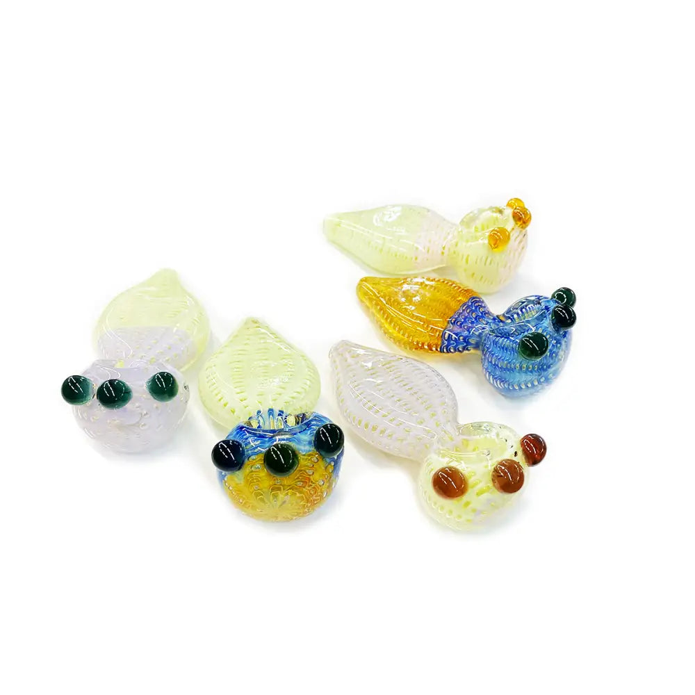 Happy fumes glass slime color hand pipe featuring colorful glass snails with bubble trap design