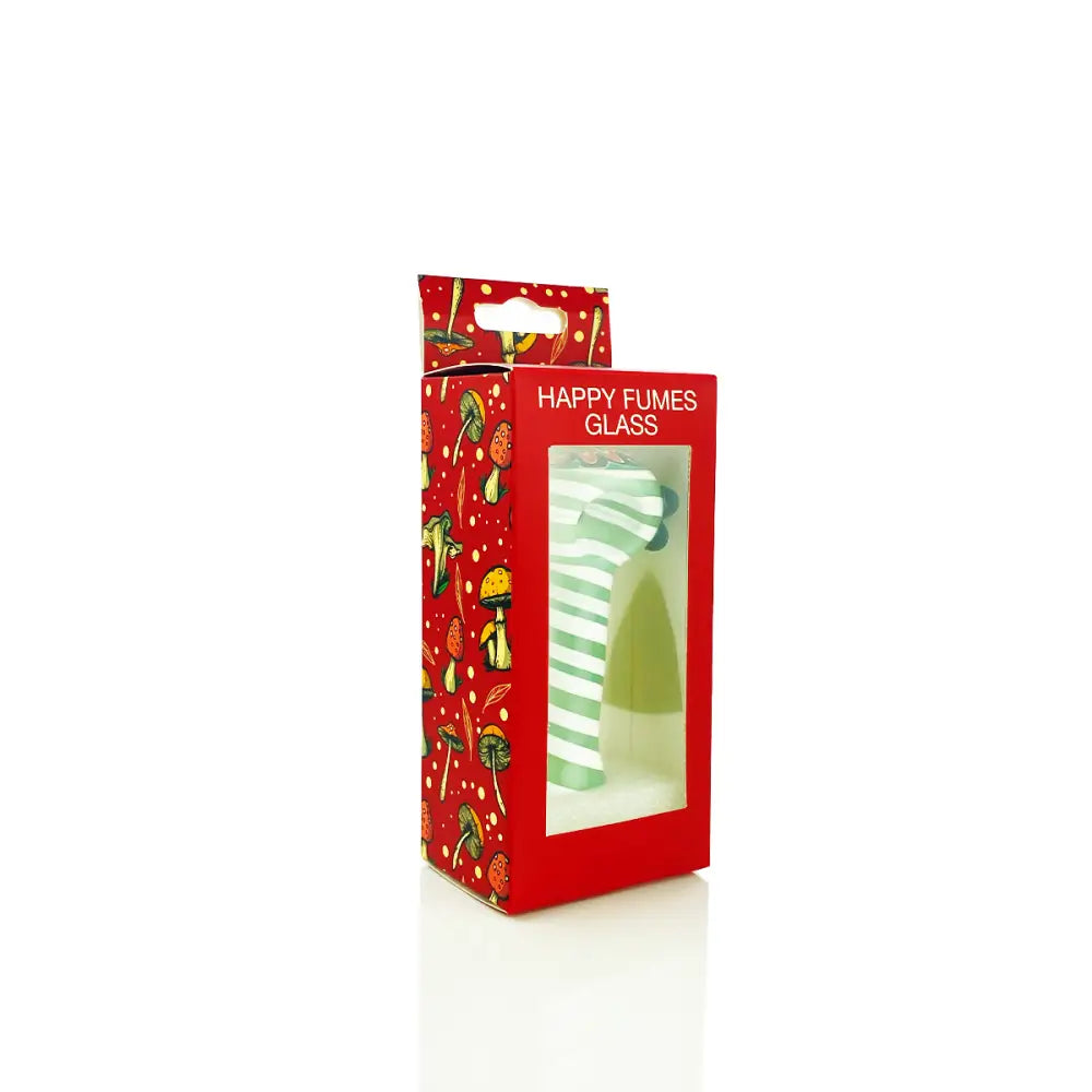 Red box with mushroom pattern and striped glass pipe featuring wig wag head and color tube spiral design