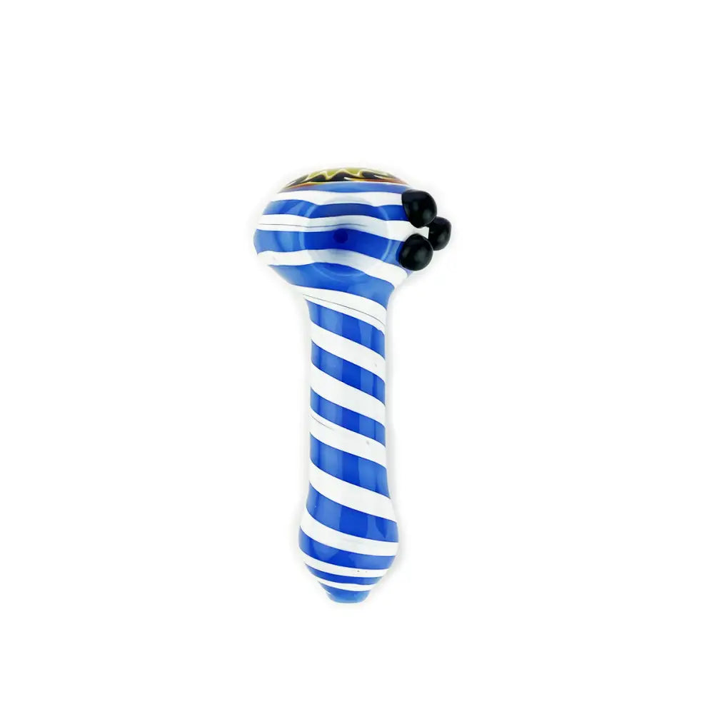 Blue and white striped glass pipe with wig wag head and color tube spiral design