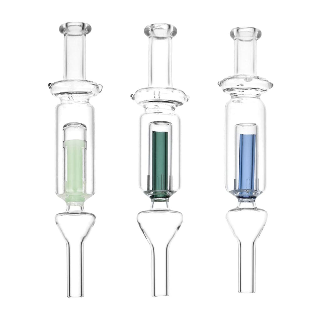 Bubbler dab straw with spiral stripe accent & showerhead perc in green, blue, and light green