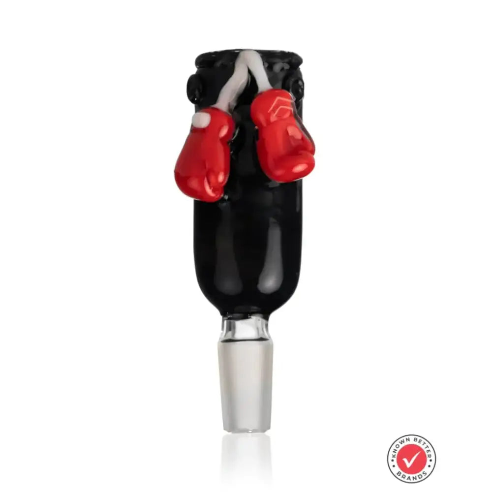Heavy bag glass bowl with red boxing gloves fused to black glass top