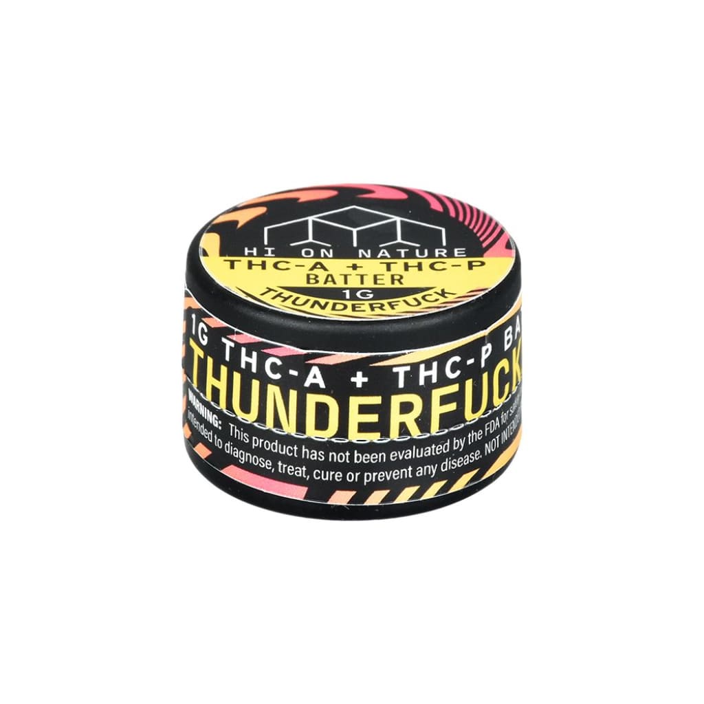 THCA + THCP Dab Batter 1g, 80% Potency Cylindrical Container with Thunderfuck Branding and THC Warnings