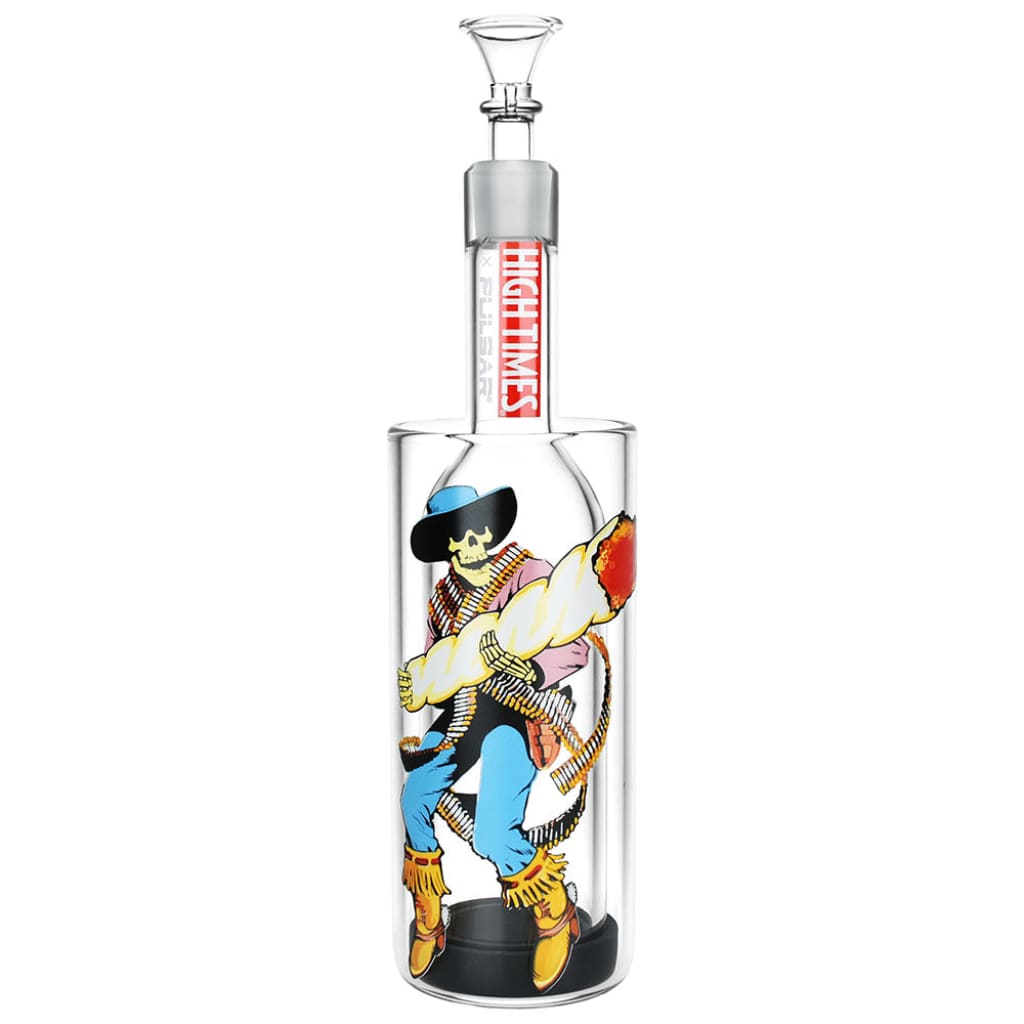 Colorful cartoon skeleton cowboy on Pulsar Gravity Water Pipe with High Times® design