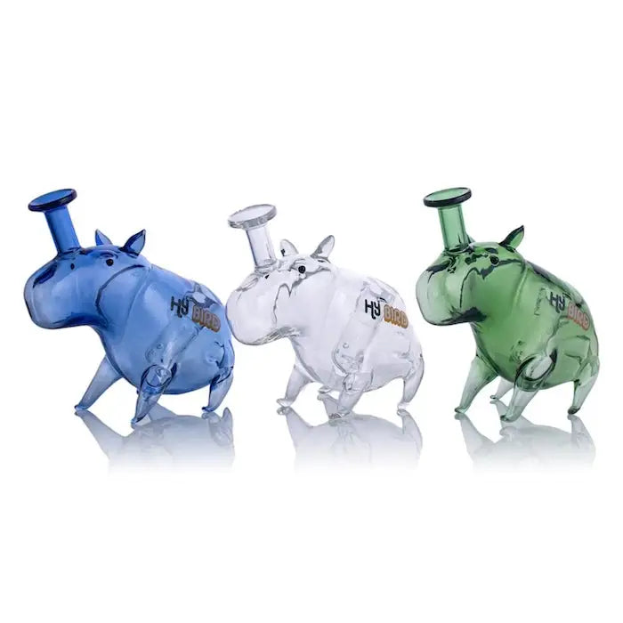 Three Hybird Hippo Rig vaporizers in blue, clear, and green
