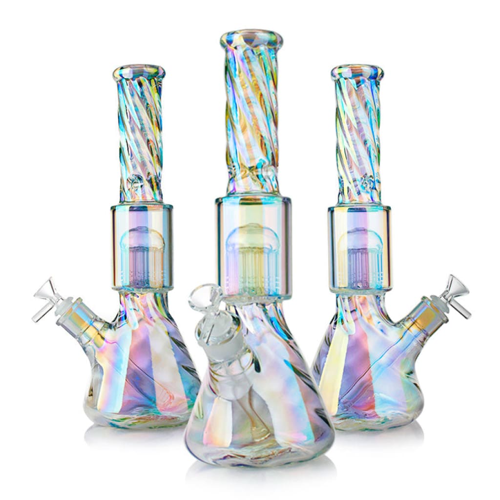 Colorful glass water pipe with rainbow spiral arm perc and iridescent swirled patterns