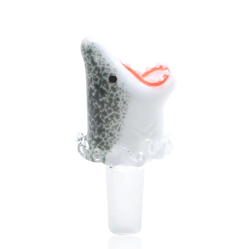 Jawsome 14mm bowl piece by Empire Glassworks: translucent white glass shark with gray speckled head, orange-lined mouth, clear fins