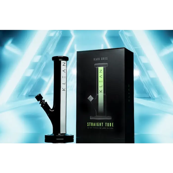 Black and white glass bong in box, Klean Black Series Heavy Duty Straight Tube Water Pipe