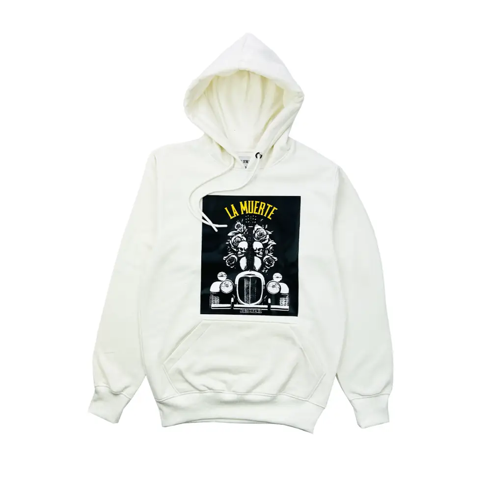 White La Muerte Hoodie with black graphic design, perfect for casual wear