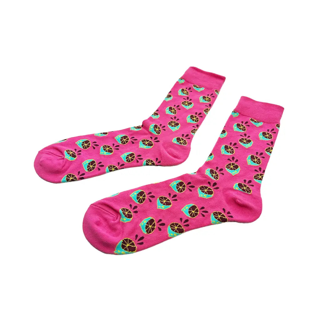 Bright pink lemon socks featuring cartoon alien faces, perfect for everyday wear