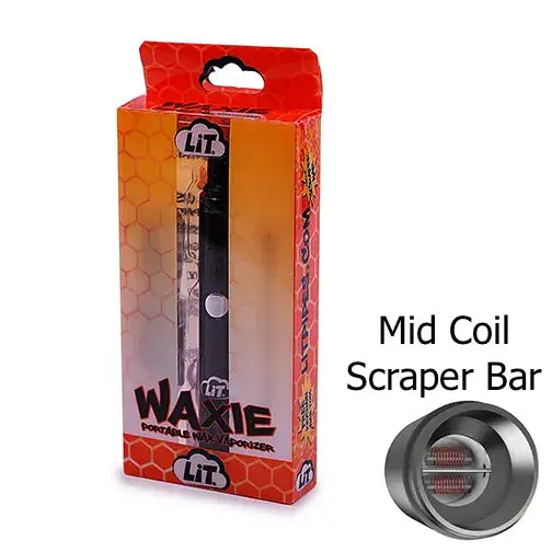 Lit Waxie portable wax vaporizer in orange black package with metallic scraper
