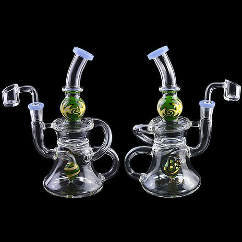 Lookah Biigo glass water pipes with curved necks and green accents on display