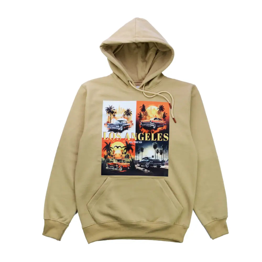 Beige Los Angeles hoodie with colorful graphic and durable silk screen printing