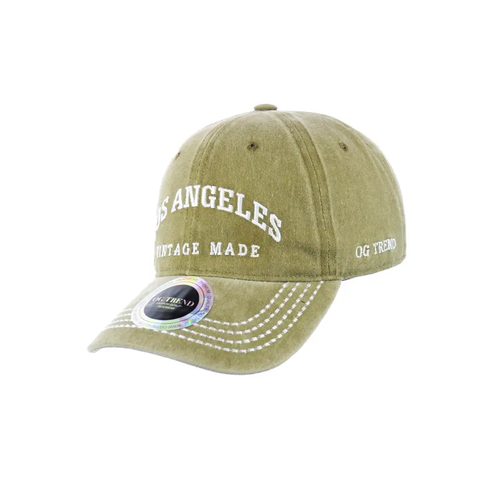 Olive green Los Angeles Original Cotton Buckle Hat with white embroidered Los Angeles text