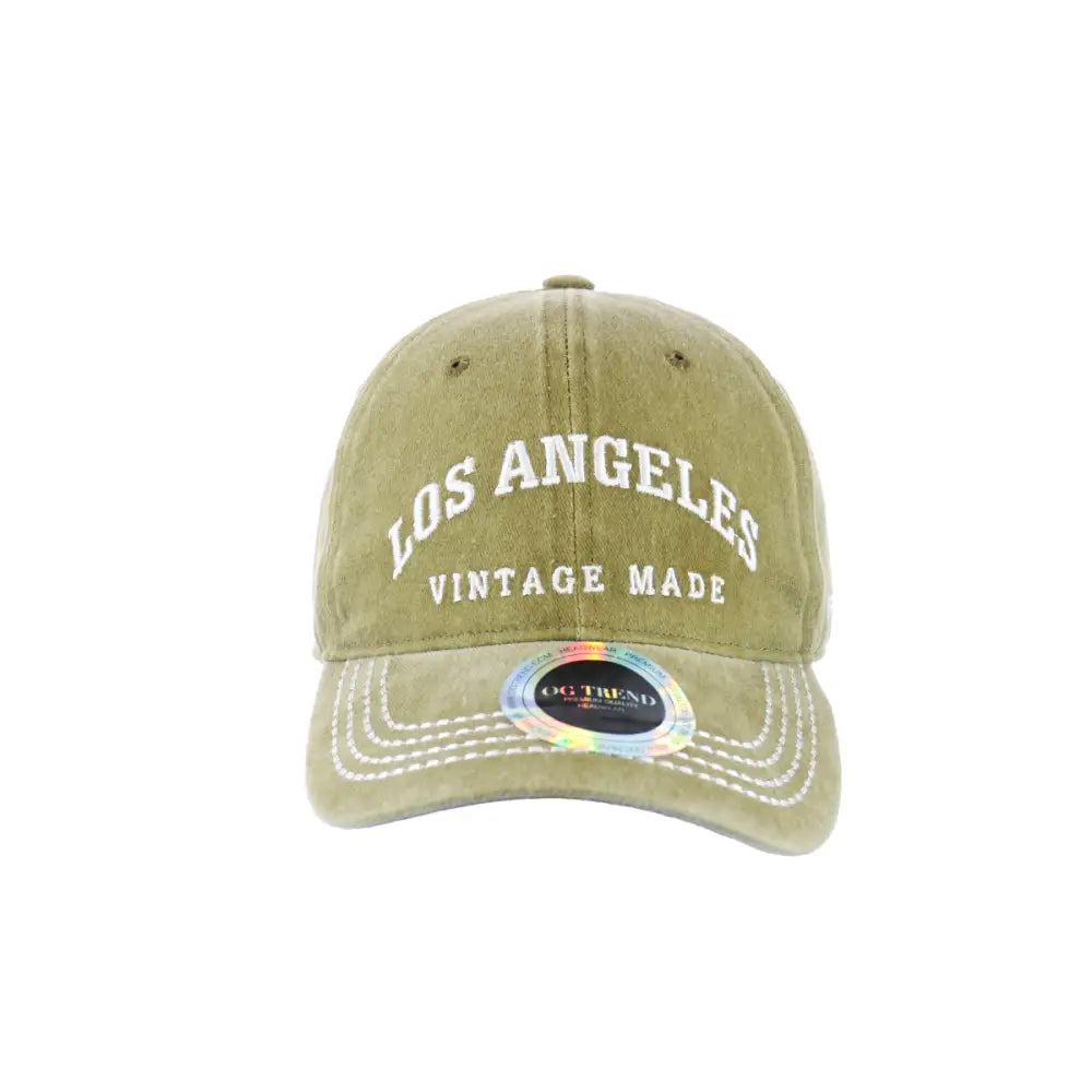 Olive green Los Angeles Original Cotton Buckle Hat with embroidered Los Angeles Vintage Made text