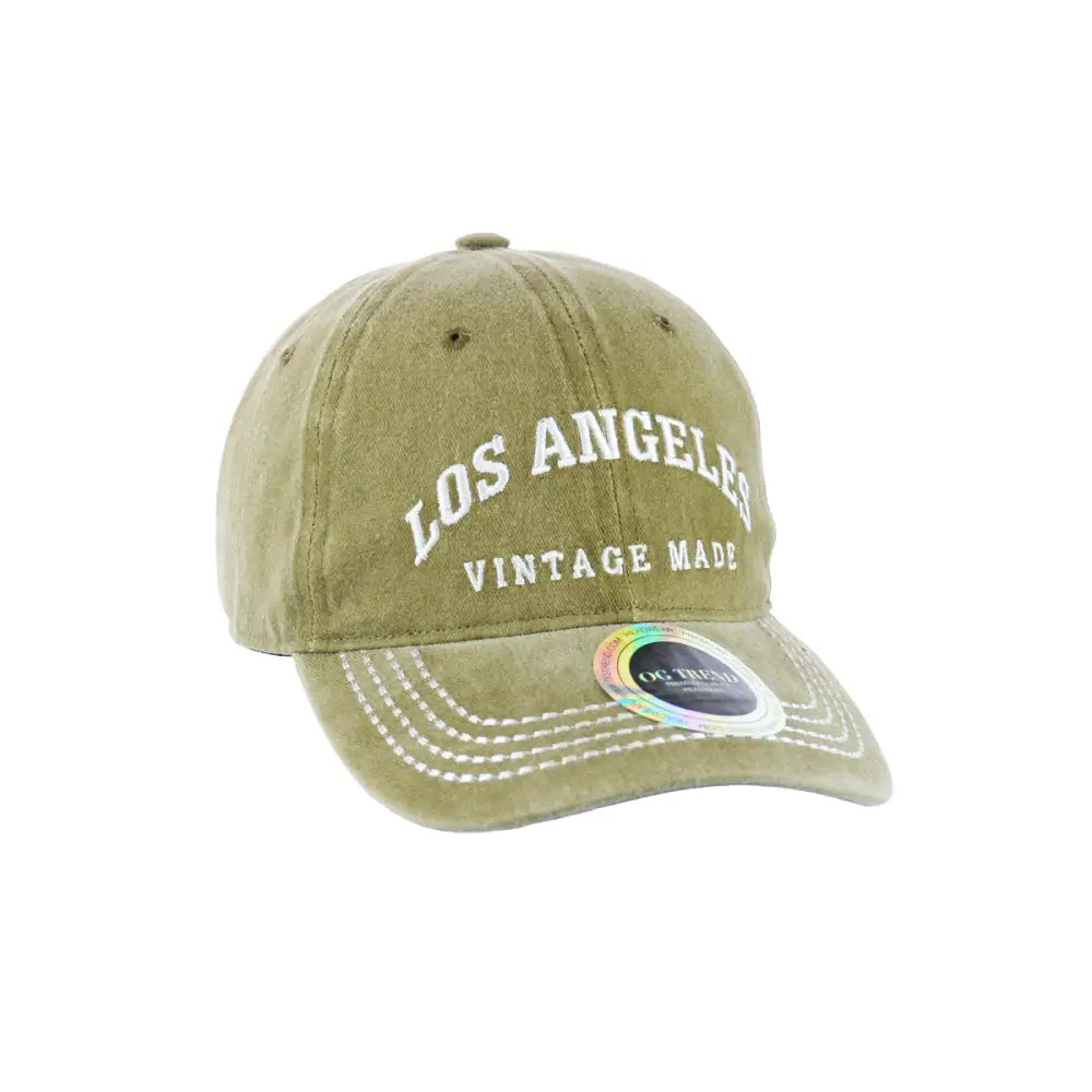 Olive green los angeles original cotton buckle hat with white embroidered los angeles vintage made text