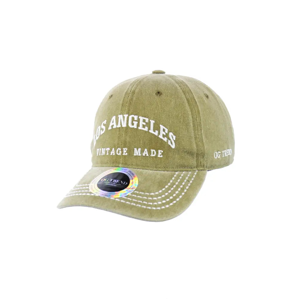 Olive green los angeles original cotton buckle hat with white embroidered los angeles vintage made text