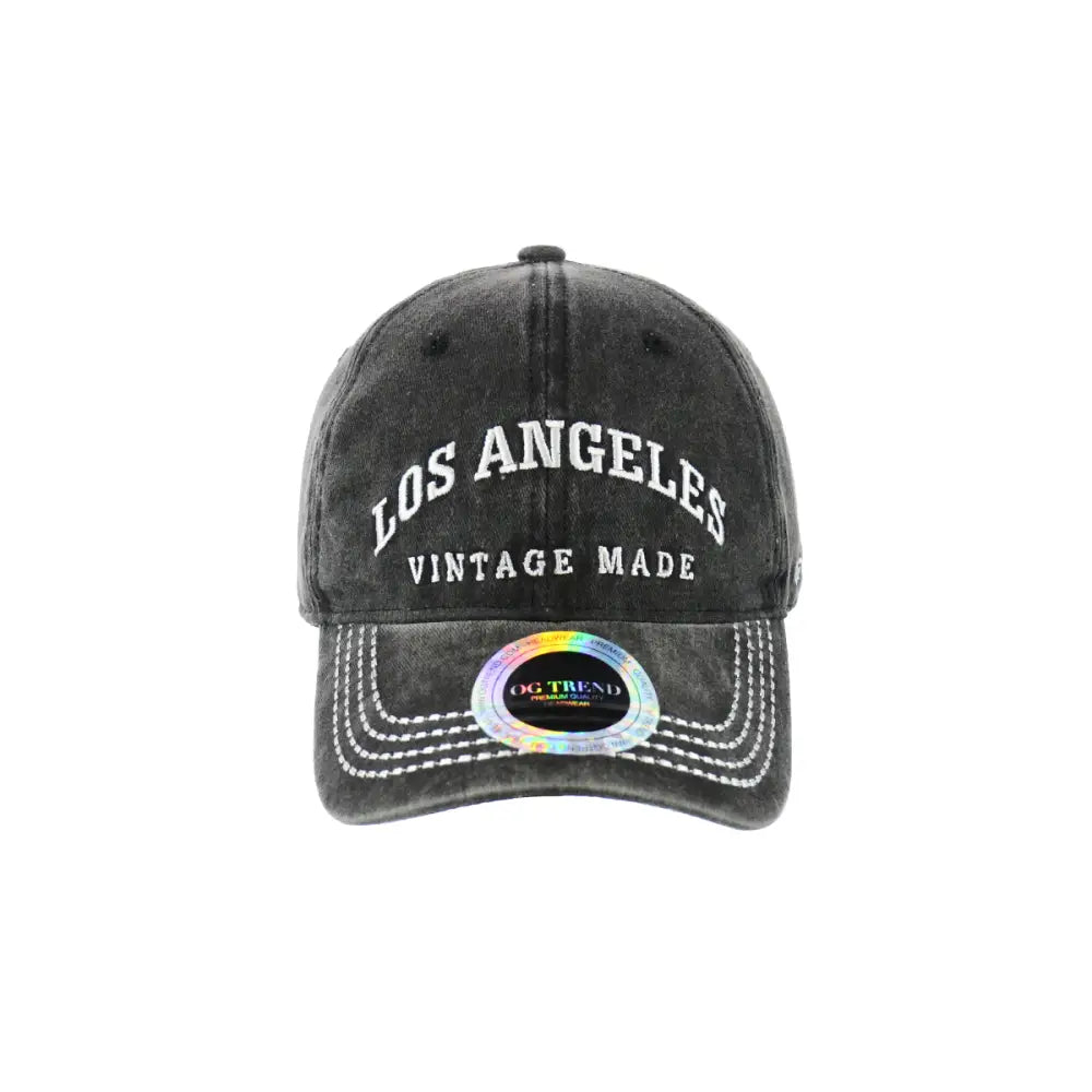 Black distressed los angeles original cotton buckle hat with white contrast stitching