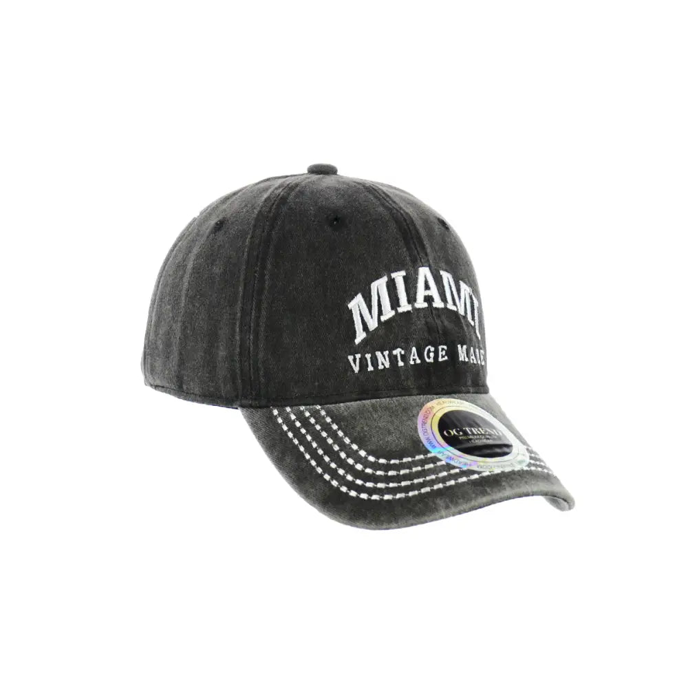 Distressed black Miami Original Cotton Buckle Hat with embroidered lettering and stitching