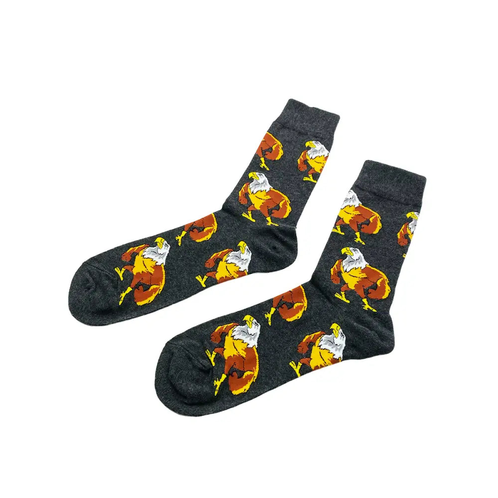 Muscle Eagle Socks featuring colorful cartoon dwarf characters on dark gray background
