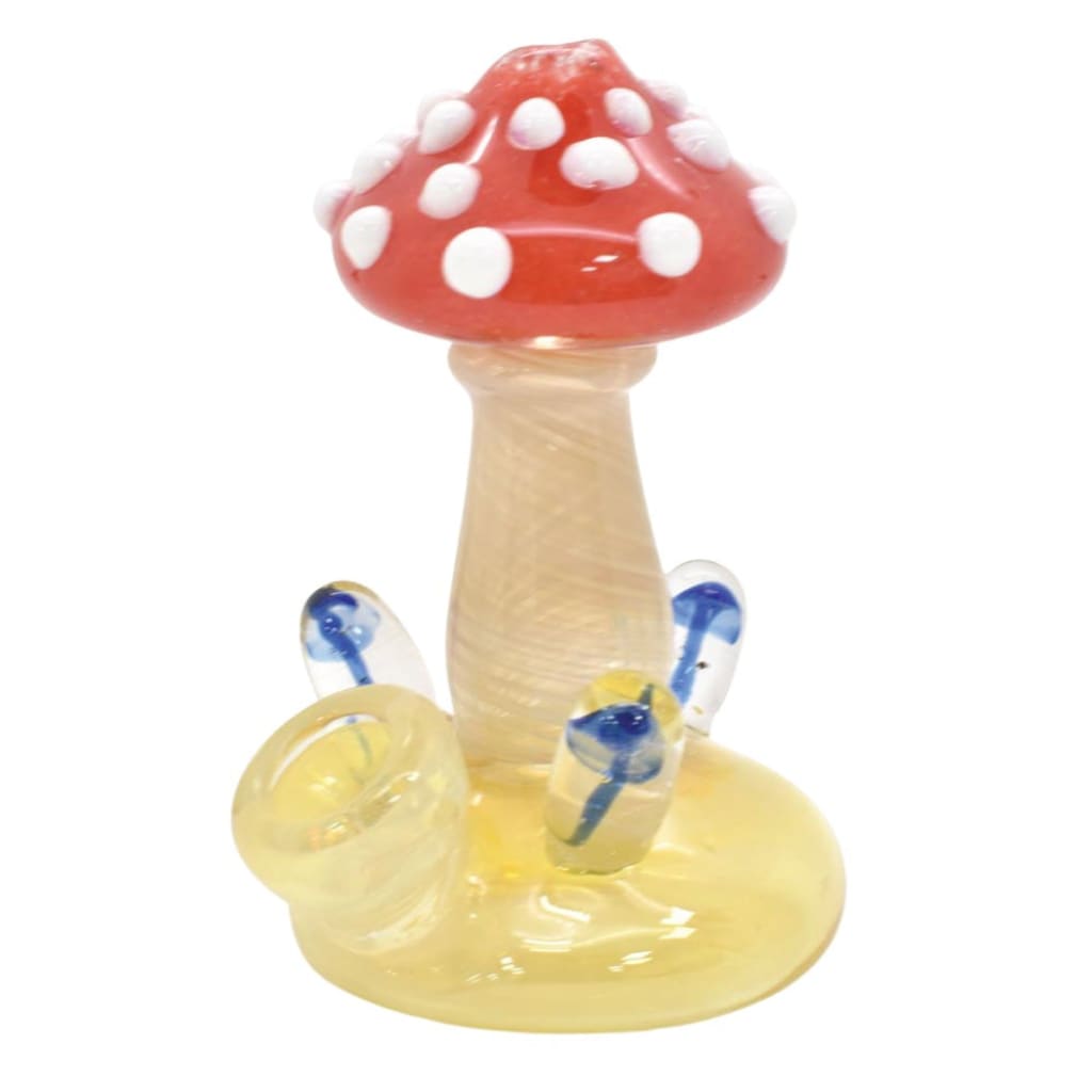Glass Hand Pipe With Mushroom Head Design: Red And White Spotted Cap On Yellow Base