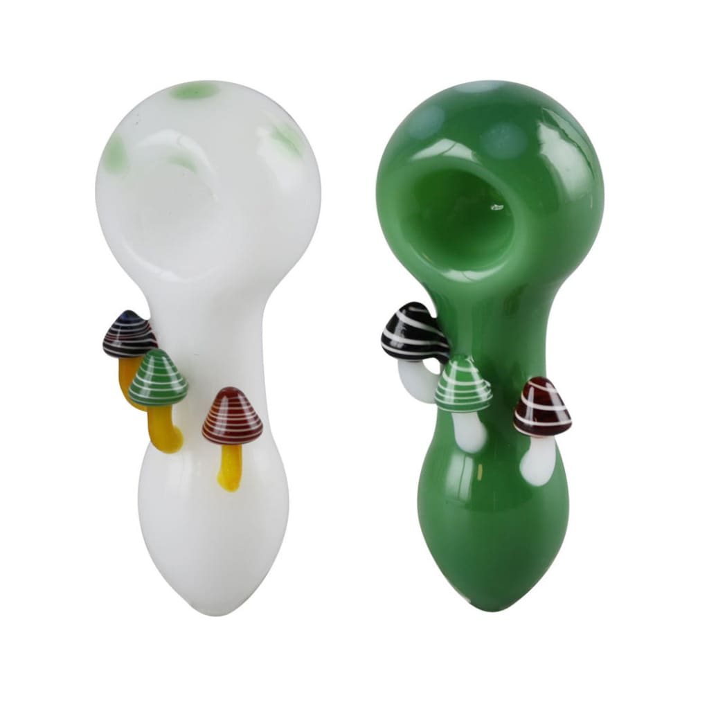 Two borosilicate glass mushroom spoon hand pipes displayed for smoking accessories
