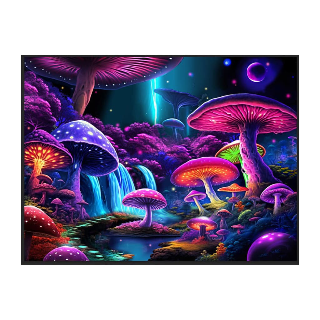 Vibrant Neon Mushroom World Black Light Reactive Wall Tapestry With Glowing Fungi
