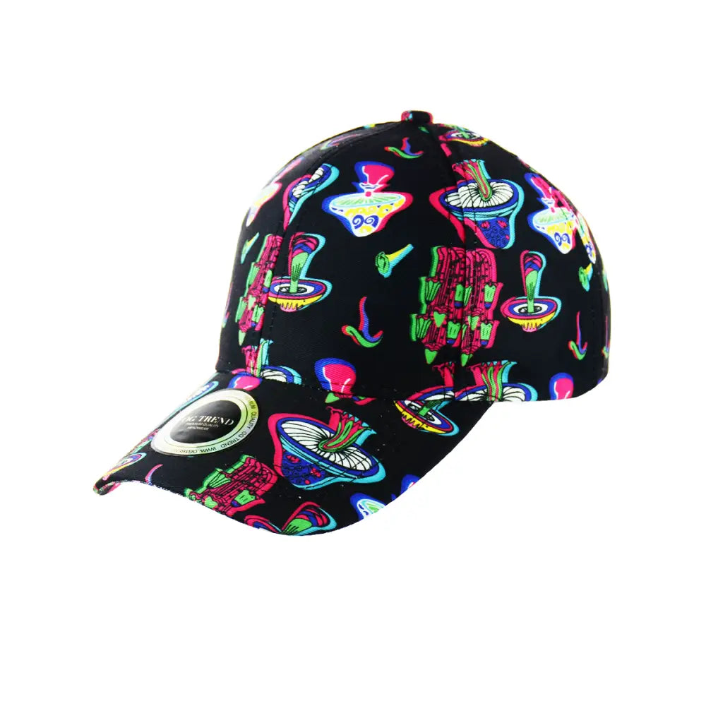 Black baseball hat snapback featuring a colorful mushrooms print for outdoor adventures
