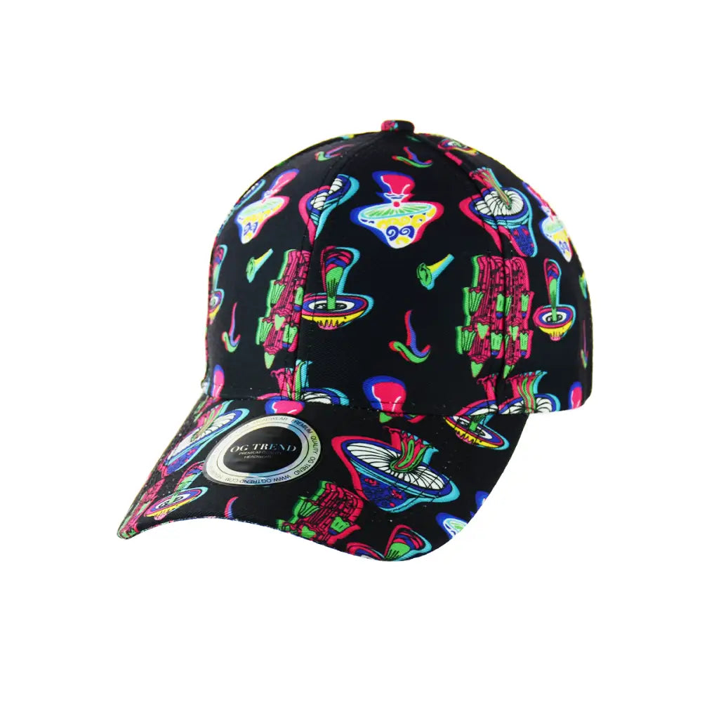 Black patterned baseball cap featuring a unique mushrooms print for outdoor adventures