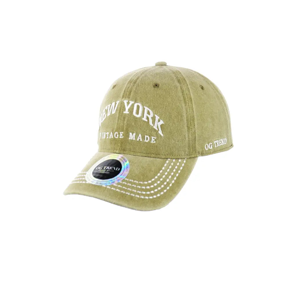 Khaki-colored York Original Cotton Buckle Dad Hat with NY text and contrast stitching