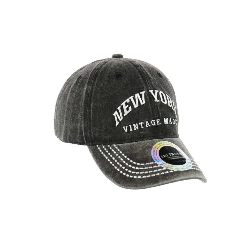 Black distressed baseball cap with white stitching, New York Original Cotton Buckle Dad Hat