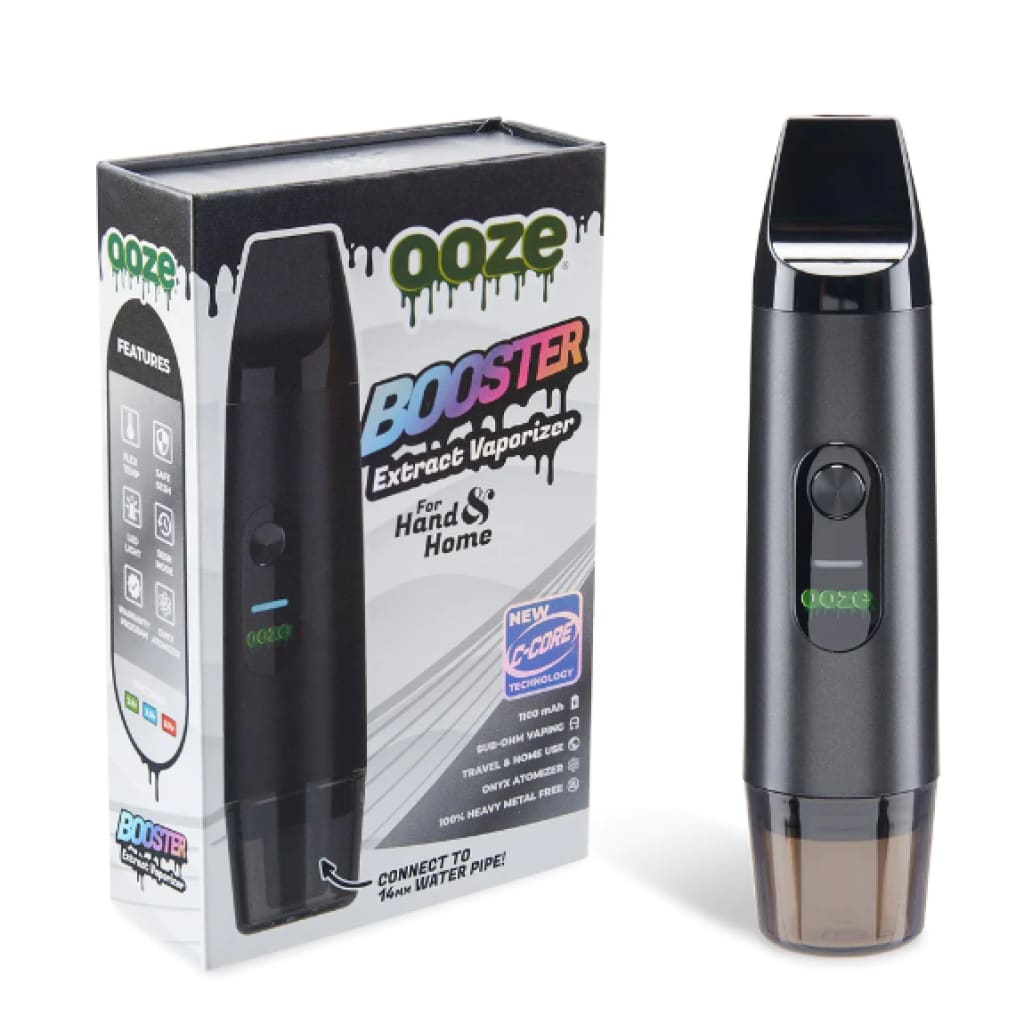 Ooze Booster 2-in-1 torchless dab rig with water pipe adapter and product packaging