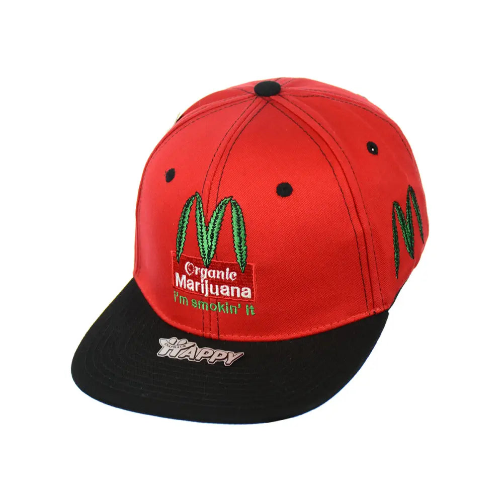 Organic leaf embroidered snapback hat featuring marijuana parody logo in red and black