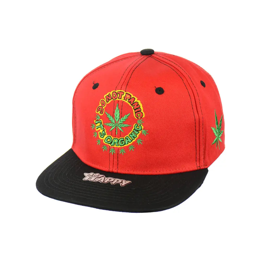 Red and black Panic Leaf Embroidered Snapback Hat with Marijuana Leaf Logos