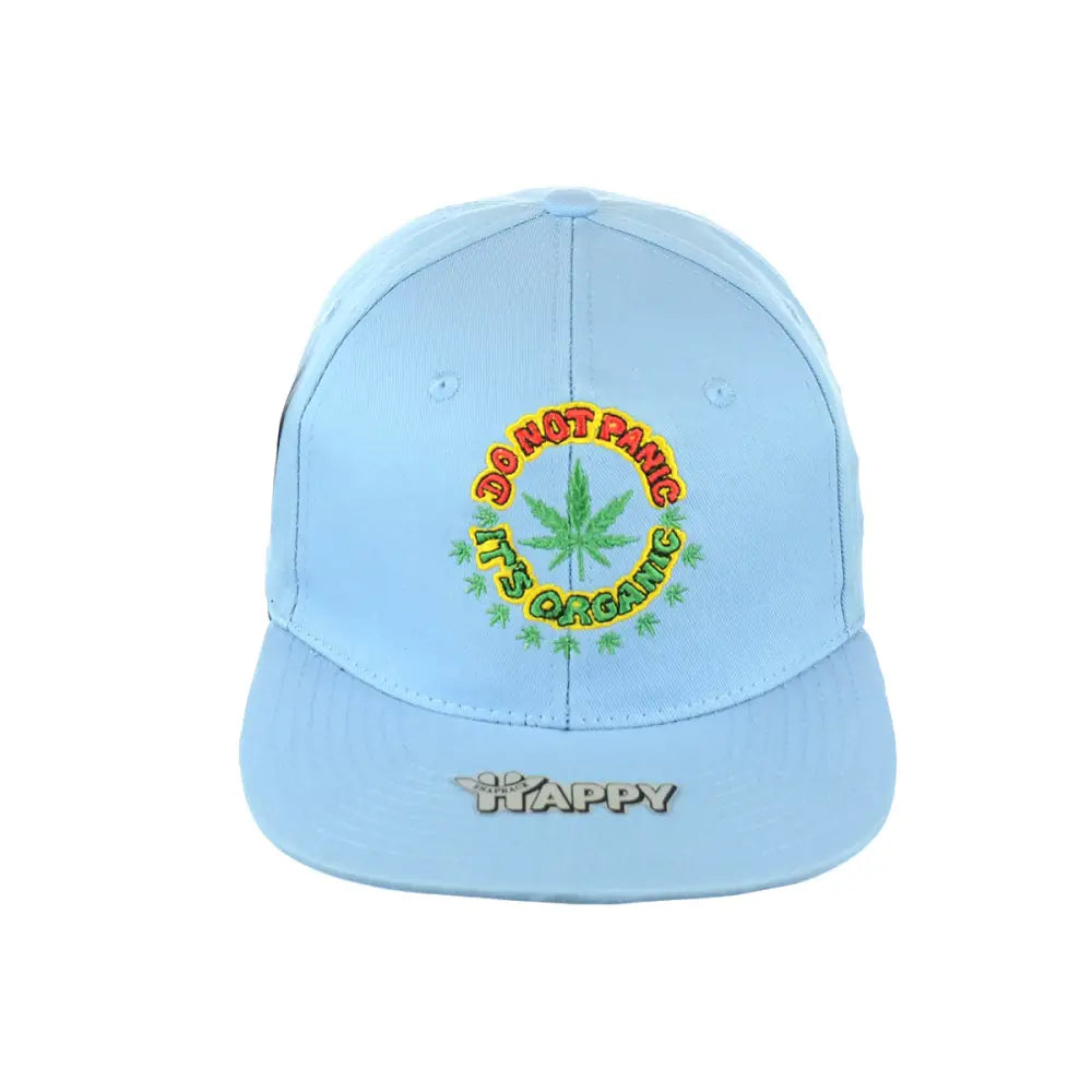 Light blue panic leaf embroidered snapback hat with marijuana leaf and HAPPY on brim